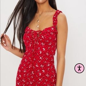 Red Ditsy Floral Frill Detail Shift Dress